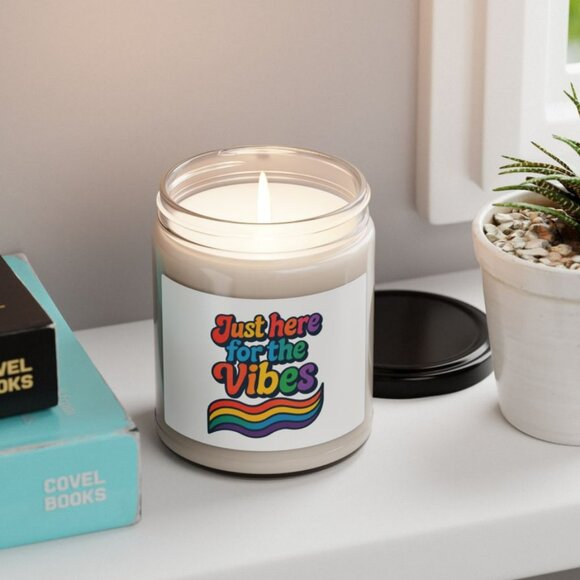 Just Here for the Vibes Candle | 9oz Soy Jar, Retro Rainbow Typography - Picture 2 of 4